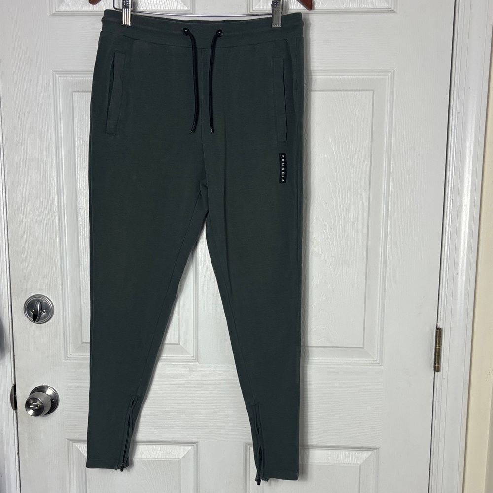 YOUNGLA men’s green joggers size Large drawstring zip skinny ankle